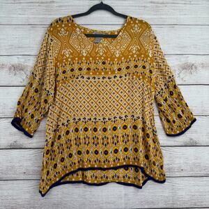 World Market BOHO Crepe Blouse Womens‎ S/M Gold Blue Short Sleeve